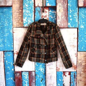 Women's Papaya Check Tweed Jacket Blazer Winter Coat Wool Blend LARGE Brown
